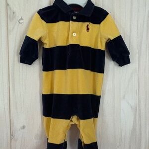 Ralph Lauren Baby Boys 3M Footed Coverall Romper Rugby Stripe Polo Yellow Navy